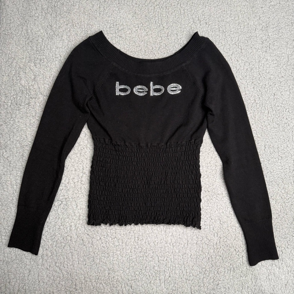 Bebe black scoop neck rhinestone logo sweater smocked waist Y2K mcbling size L